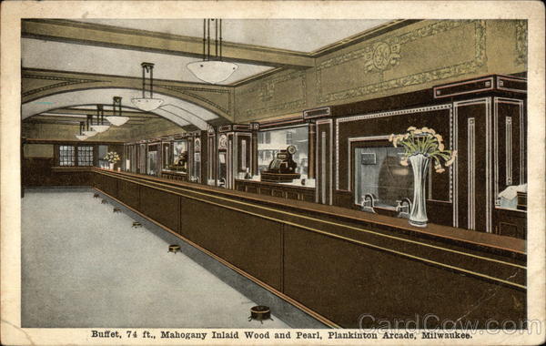 Buffet, 74 ft., Mahogany inlaid wood and pearly, Plankinton Arcade Milwaukee Wisconsin