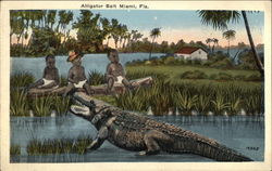 "Alligator Bait" - Three Black Children Sitting at Water's Edge facing Aligator Miami, FL Postcard Postcard