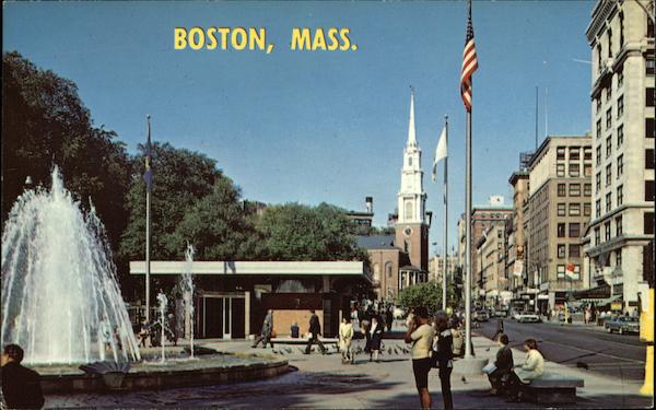 Tremont Street Fountain & Mall, Boston Common, and Park Street Church Massachusetts