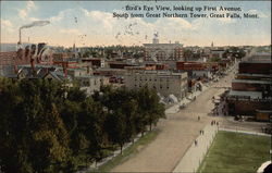 Bird's Eye View, Looking up First Avenue, South from Great Northern Tower Great Falls, MT Postcard Postcard