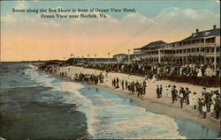 Scene Along the Sea Shore in Front of Ocean View Hotel Postcard