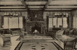 Lounge, Central Lodge, Brown's Camp on Lake Kezar Postcard