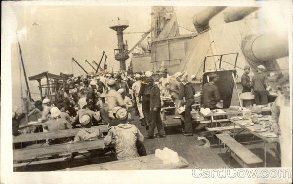U.S. Sailors on Ship Deck after Meal Great White Fleet