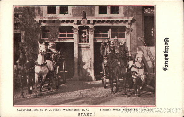 Two Horse Drawn Fire Trucks Leaving Fire House Firemen