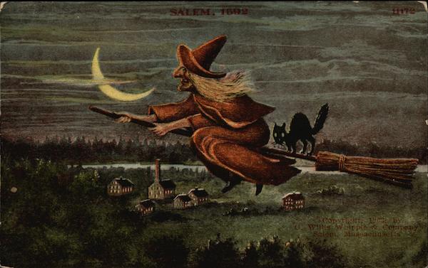 Witch and Cat on Broomstick Salem Massachusetts Halloween