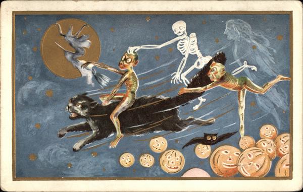 Halloween Scene of Ghoul Riding Flying Black Cat, Skeleton, Bat, Witch on Broomstick and Pumpkins