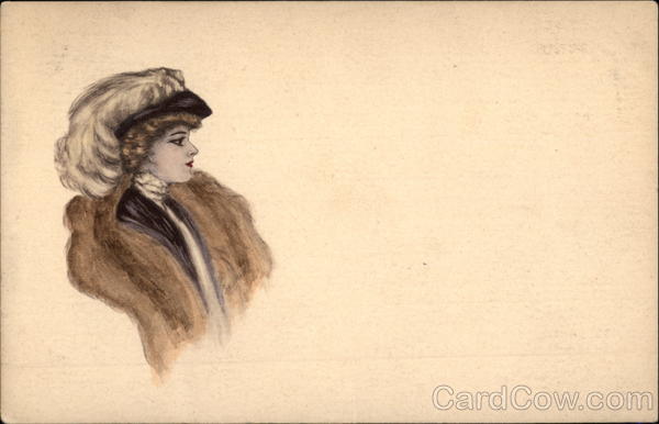 Sketch of Woman Wearing Plumed Hat and Fur in Profile