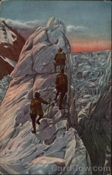 Three Mountain Climbers Scaling Icy Peak