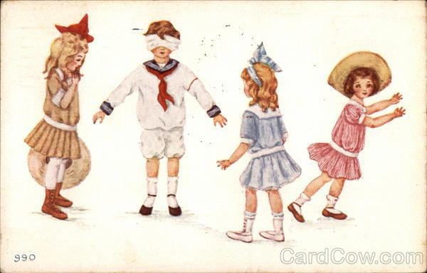 Three Girls Around Blindfolded Boy in White Sailor Suit