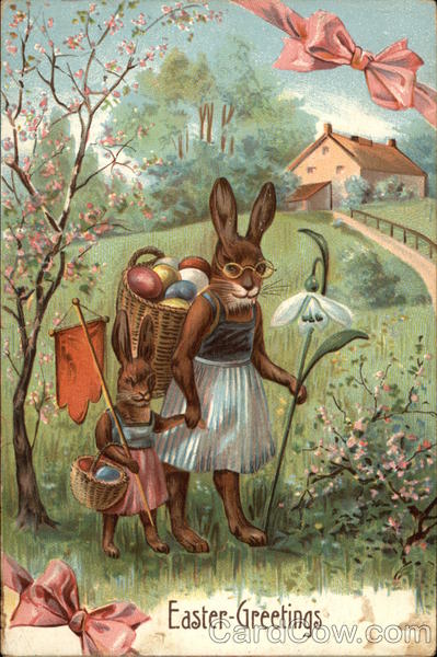 Easter Greeting with Bunnies in Clothing Carrying Egg Baskets
