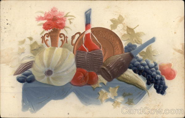 Still Life of Bottles, Grapes, Bouquet of Pink Flowers, Leaves and Pumpkin