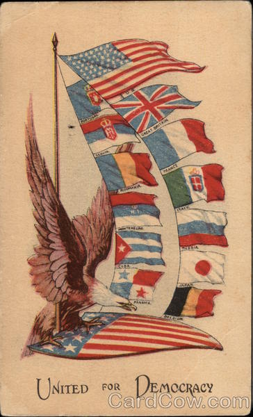 United for Democracy - Eagle with American Flag & Flags of 12 Other Countries