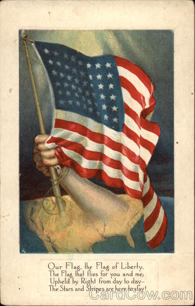 Our Flag, the Flag of Liberty, the Flag that Flies for you and me; Upheld by Right from Day to Day