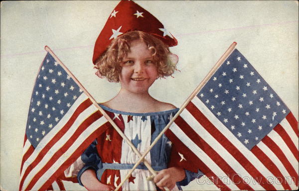 Little Girl Wearing Red, White & Blue, Holding American Flags