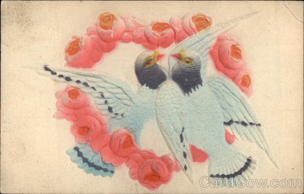 Pair of Doves in Pink Heart-Shaped Flower Wreath Airbrushed