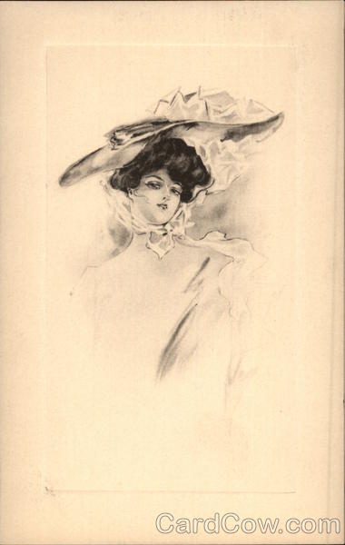 Black & White Sketch of Beautiful Woman in Large Hat