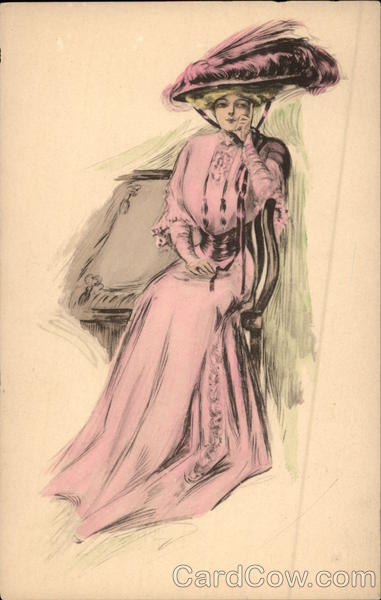 Woman in Pink Old-Fashioned Dress and Plumed Hat Women