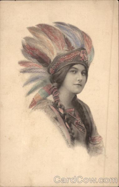 Indian Maiden Wearing Colorful Headdress Native Americana