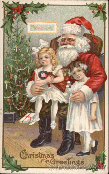 Christmas Greeting - Santa with Two Little Girls Santa Claus