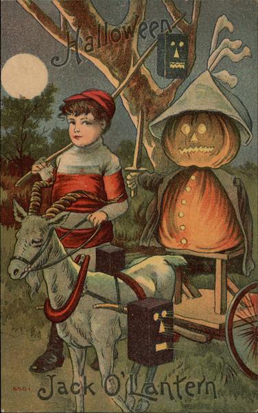 Rare Boy & Goat Cart w/Jack O'Lantern Halloween