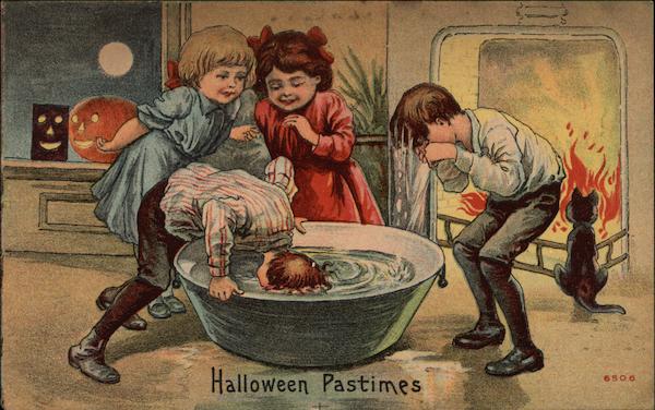 Halloween Pastimes Children Bobbing for Apples