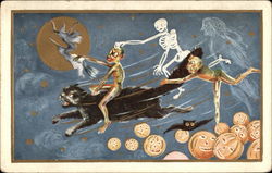 Halloween Scene of Ghoul Riding Flying Black Cat, Skeleton, Bat, Witch on Broomstick and Pumpkins Postcard Postcard