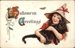 Halloween Greetings - Girl Witch with Cat Postcard