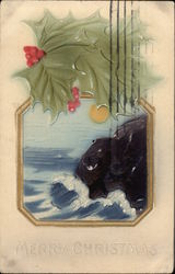 Merry Christmas with Holly and Ocean Wave Scene Postcard