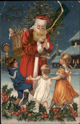 Santa in Red Robe Surrounded by Three Children Postcard