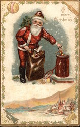 A Merry Christmas - Santa Putting Toys in Chimney Postcard