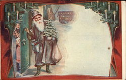 Saint Nicholas with Gifts and Children Hiding behind Door Postcard