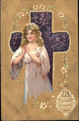 A Very Happy Easter - With Angel and Floral Cross With Angels Postcard Postcard