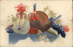 Still Life of Bottles, Grapes, Bouquet of Pink Flowers, Leaves and Pumpkin Postcard