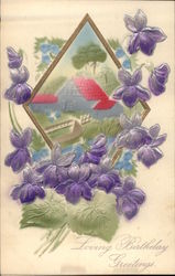 embossed purple snapdragons, red cottage Postcard