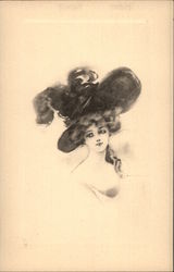 Black & White Sketch of Beautiful Woman in Large Hat Postcard