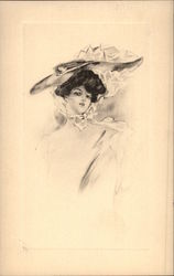 Black & White Sketch of Beautiful Woman in Large Hat Postcard