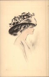 Black & White Sketch of Beautiful Woman in Large Hat Postcard