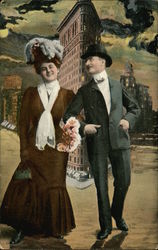 Couple in Vintage Clothing in Front of Flatiron Building Postcard