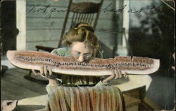 Woman with Wire Glasses Eating Enormous Slice of Watermelon Postcard