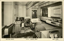 Writing Room, R.M.S. Queen Mary, First Class Postcard