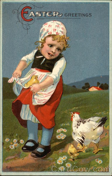 Easter Greeting with Little Girl, Hen and Chicks With Chicks
