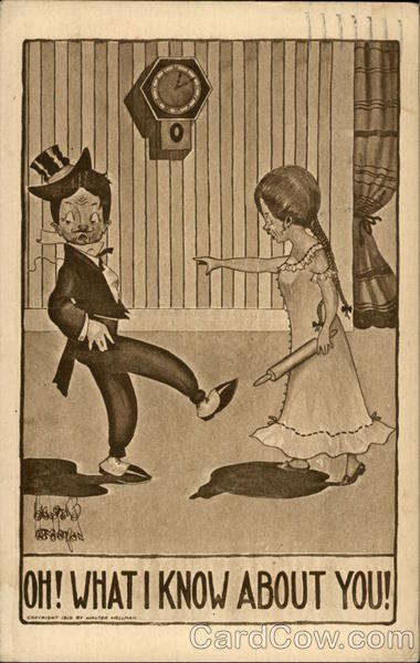 Woman With Rolling Pin Speaks to Husband in Top Hat and Tails