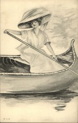 Woman in Wide-Brimmed Hat Paddling Canoe Postcard