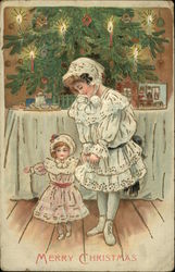 Merry Christmas with Tree, Girl and Her Doll Postcard