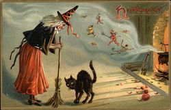 Halloween - Witch and Black Cat Postcard