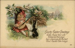 Little Girl Strums Lute while Rabbit Reads Sheet Music Postcard