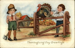 Two Little Boys and a Turkey in Rural Setting Two Little Boys and a Turkey in Rural Setting