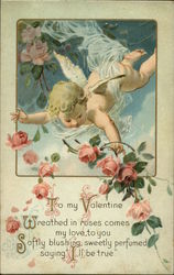 To My Valentine with Cupid and Pink Roses Postcard