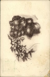 Drawing of Woman Sniffing Bouquet of Flowers Postcard