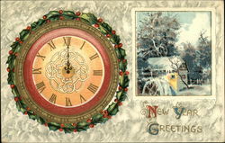 New Year Greetings with Clock and Snow Scene Postcard
